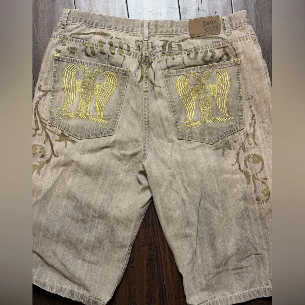 Men's Beige Jean Shorts with Embroidered Design